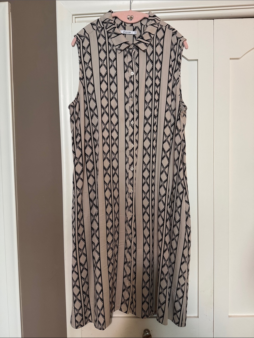 Chico's Beige and Black Sleeveless Midi Shirt Dress with Geometric Stripes